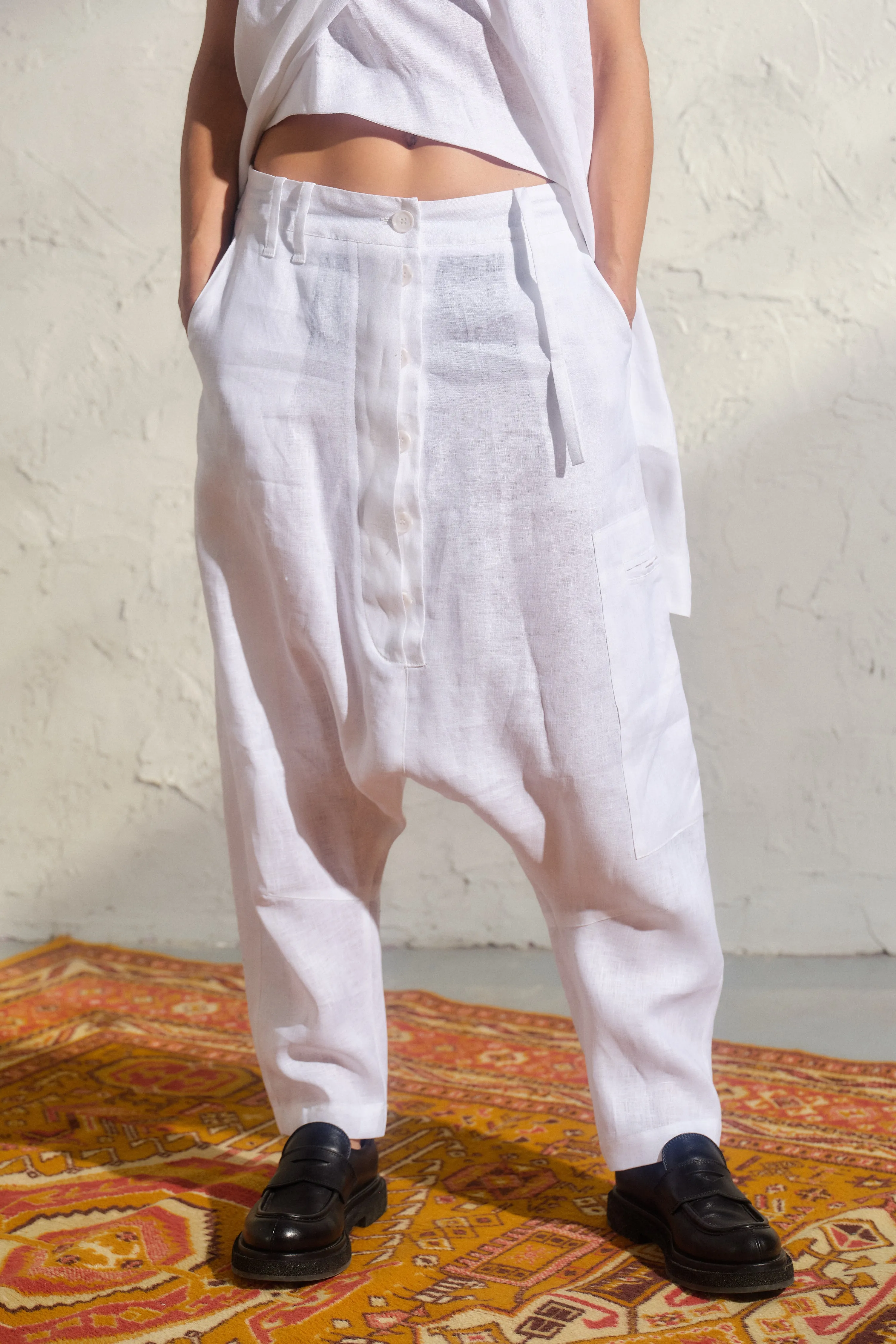 Avant garde white linen baggy pants
