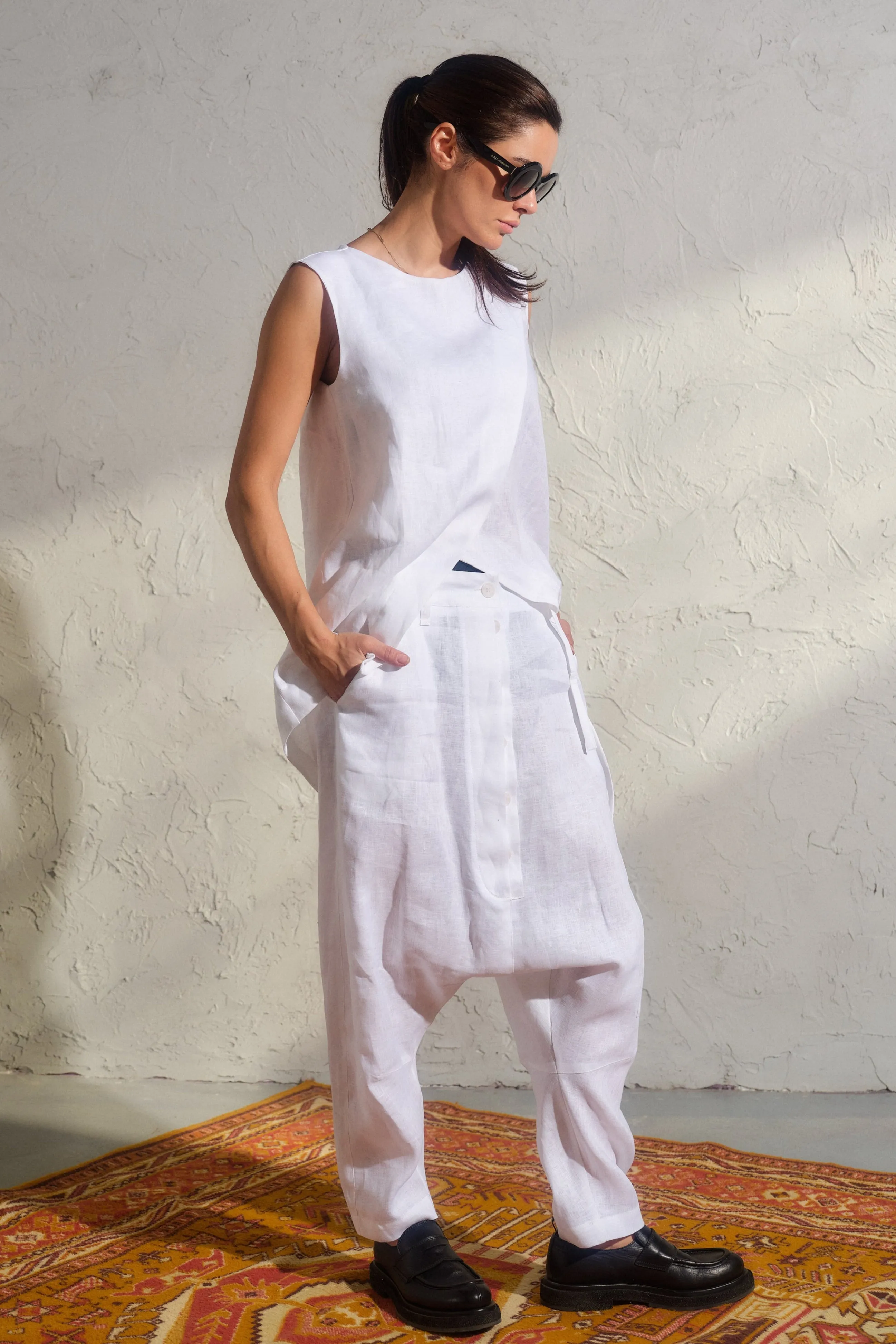 Avant garde white linen baggy pants