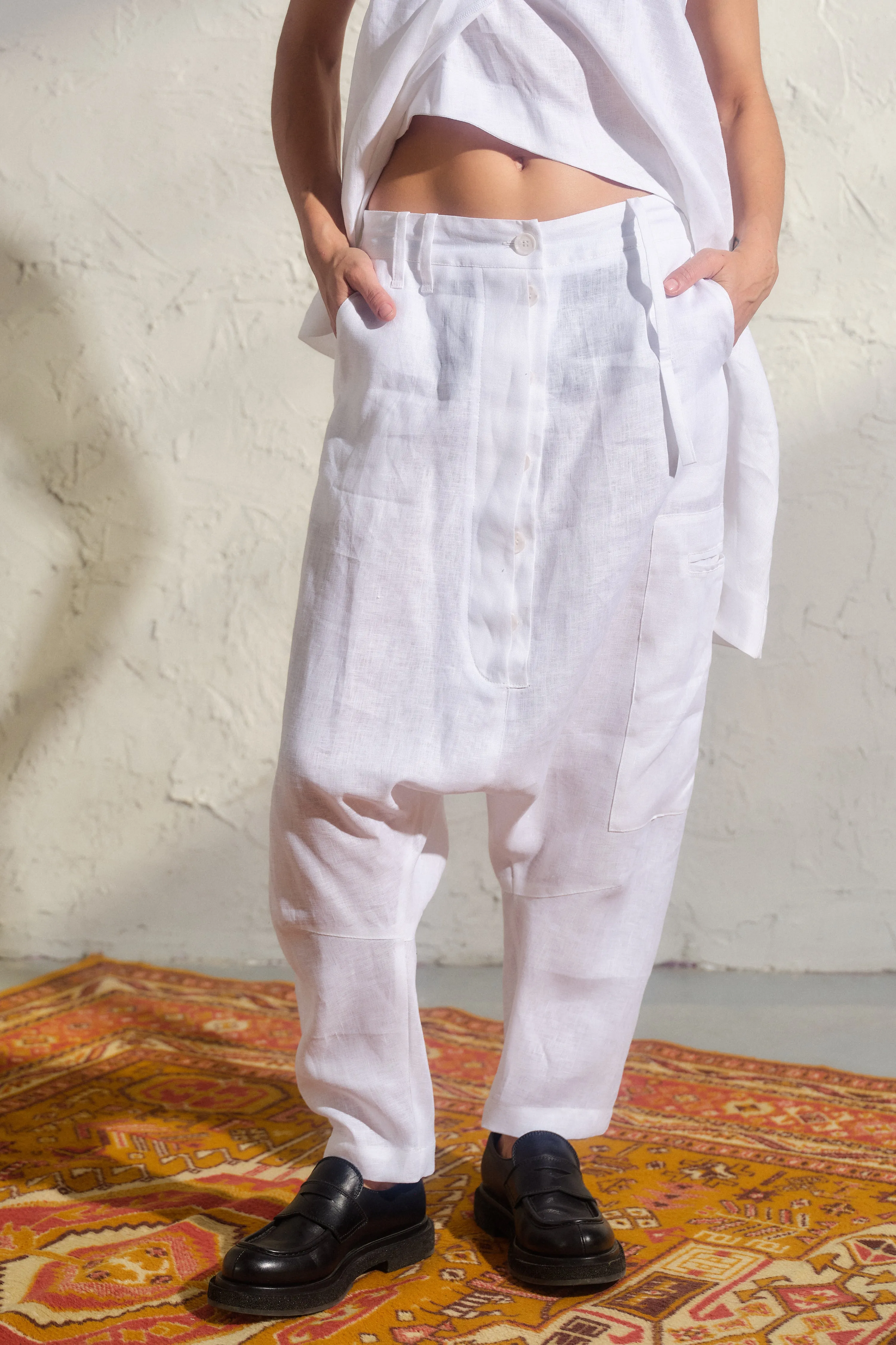 Avant garde white linen baggy pants