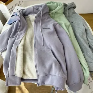 Cozy Fuzzy Hooded Jacket for Women - Zip Up, Drawstring Long Sleeve, Solid Color Outerwear - Stylish, Versatile & Warm
