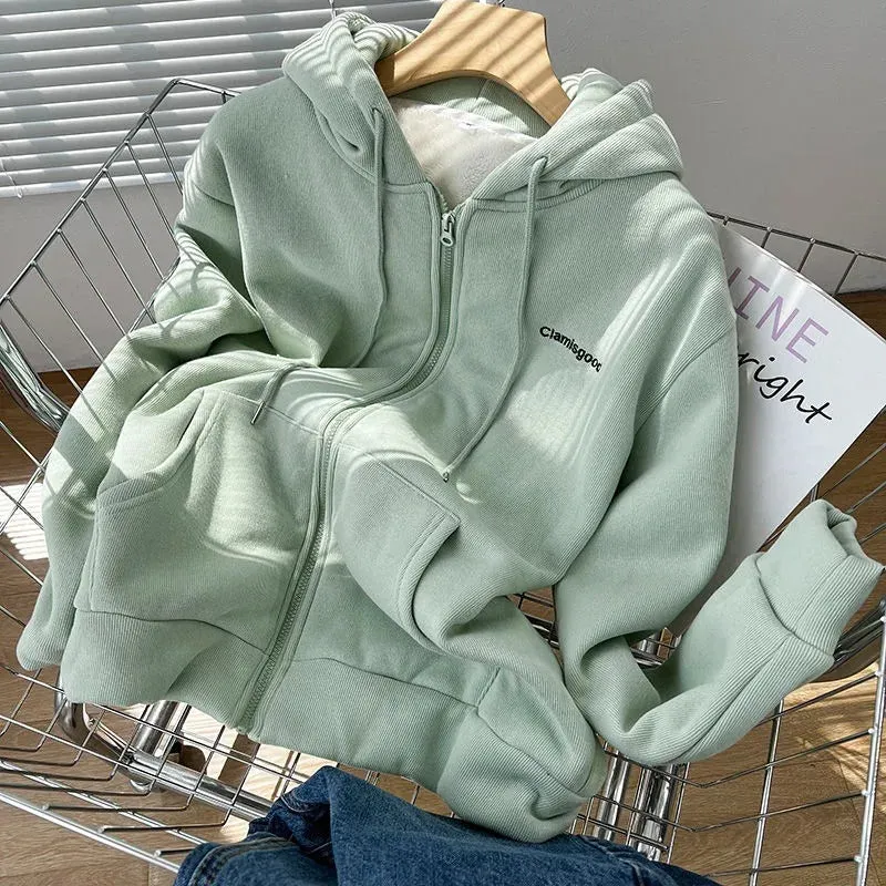 Cozy Fuzzy Hooded Jacket for Women - Zip Up, Drawstring Long Sleeve, Solid Color Outerwear - Stylish, Versatile & Warm