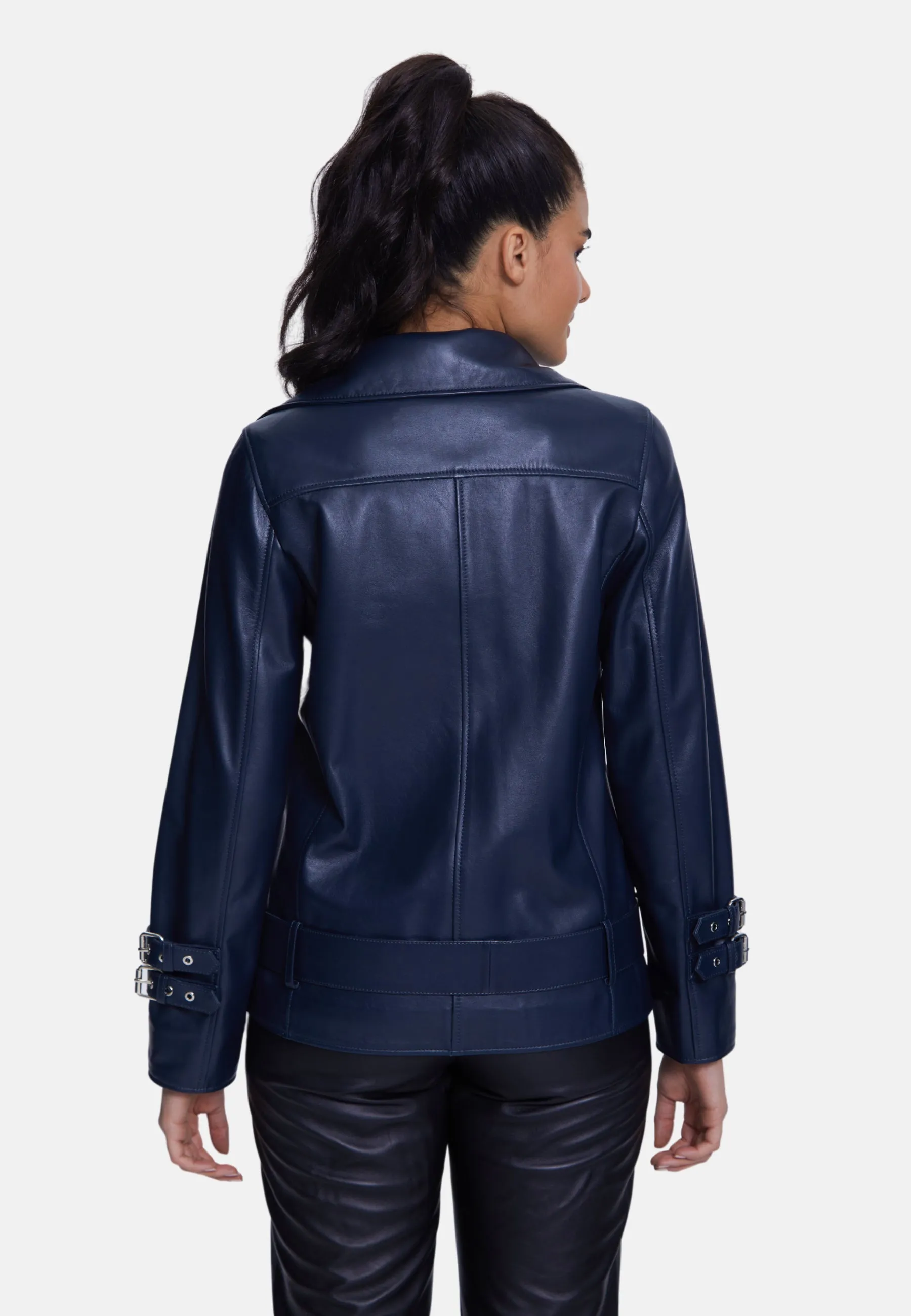 Harriet Sheepskin Belted Biker Jacket,Nappa Navy