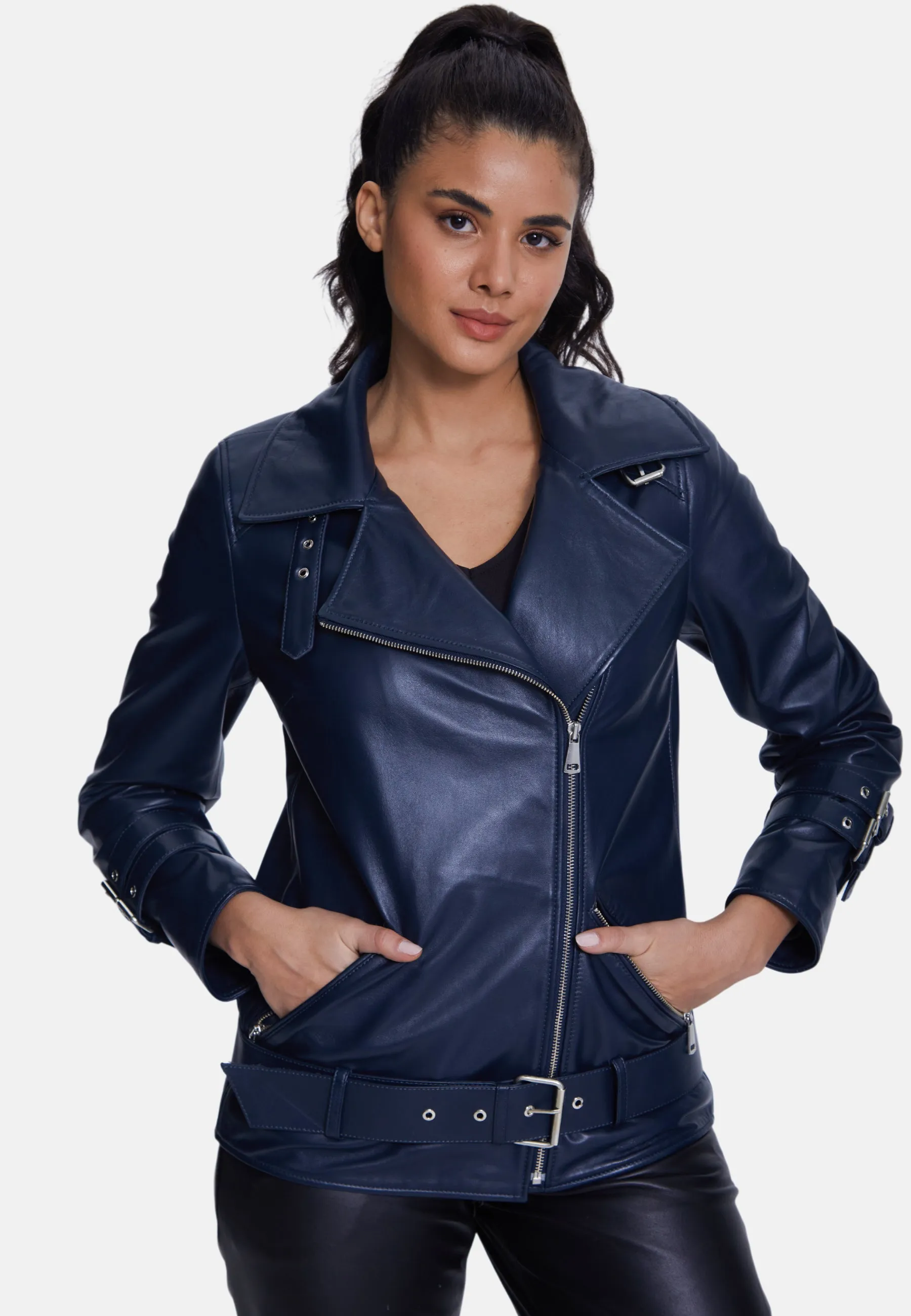 Harriet Sheepskin Belted Biker Jacket,Nappa Navy