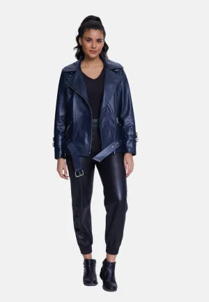 Harriet Sheepskin Belted Biker Jacket,Nappa Navy