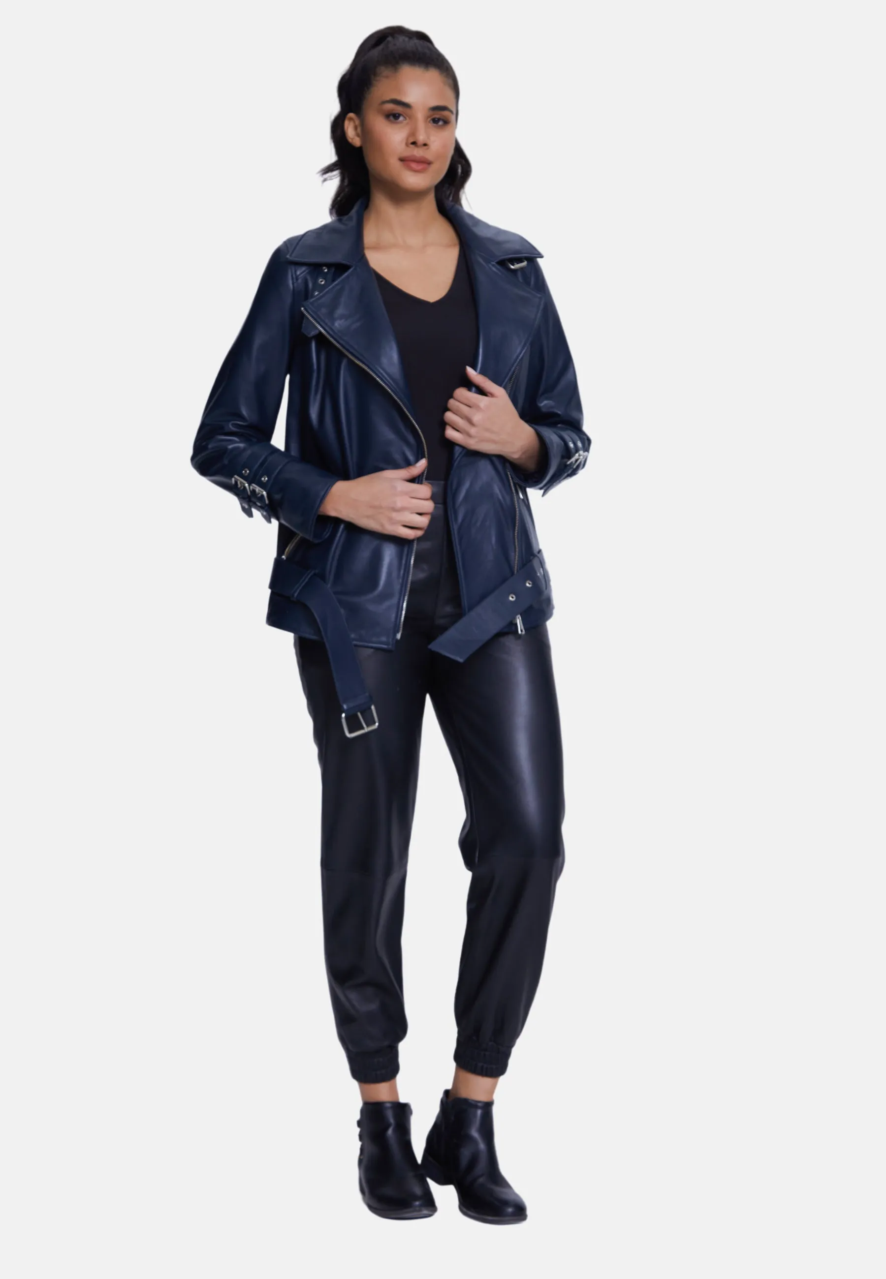 Harriet Sheepskin Belted Biker Jacket,Nappa Navy