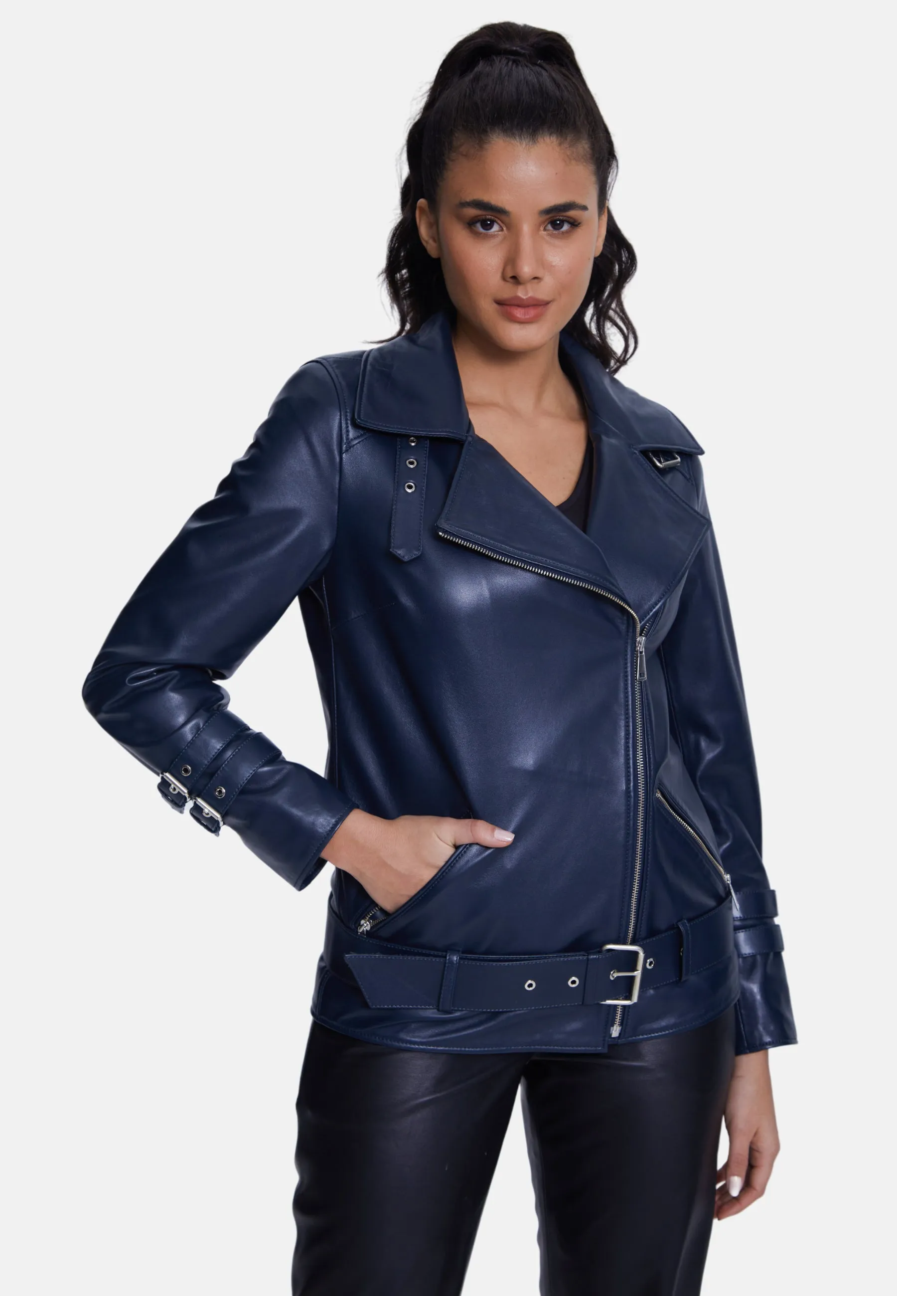 Harriet Sheepskin Belted Biker Jacket,Nappa Navy