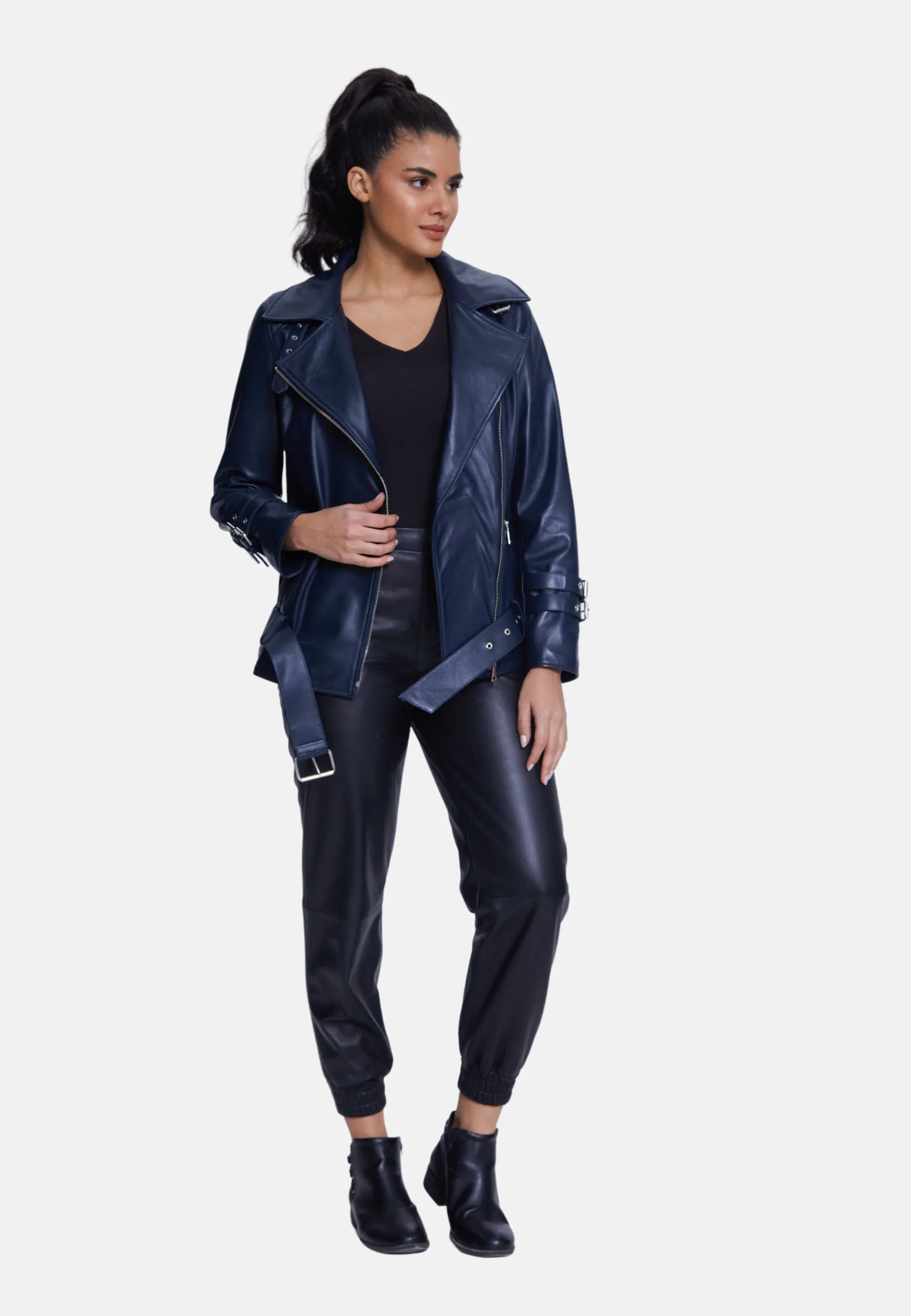 Harriet Sheepskin Belted Biker Jacket,Nappa Navy