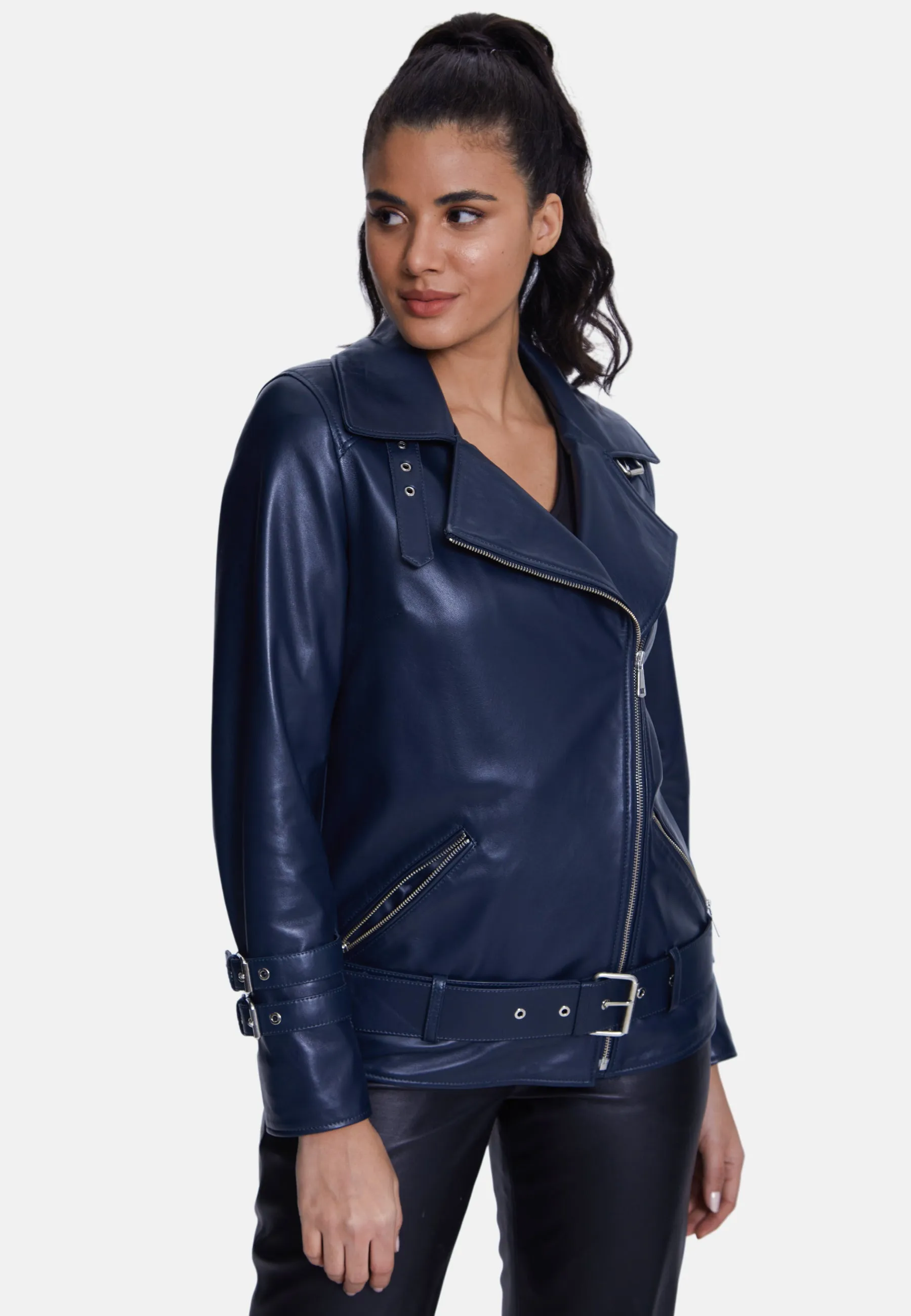 Harriet Sheepskin Belted Biker Jacket,Nappa Navy