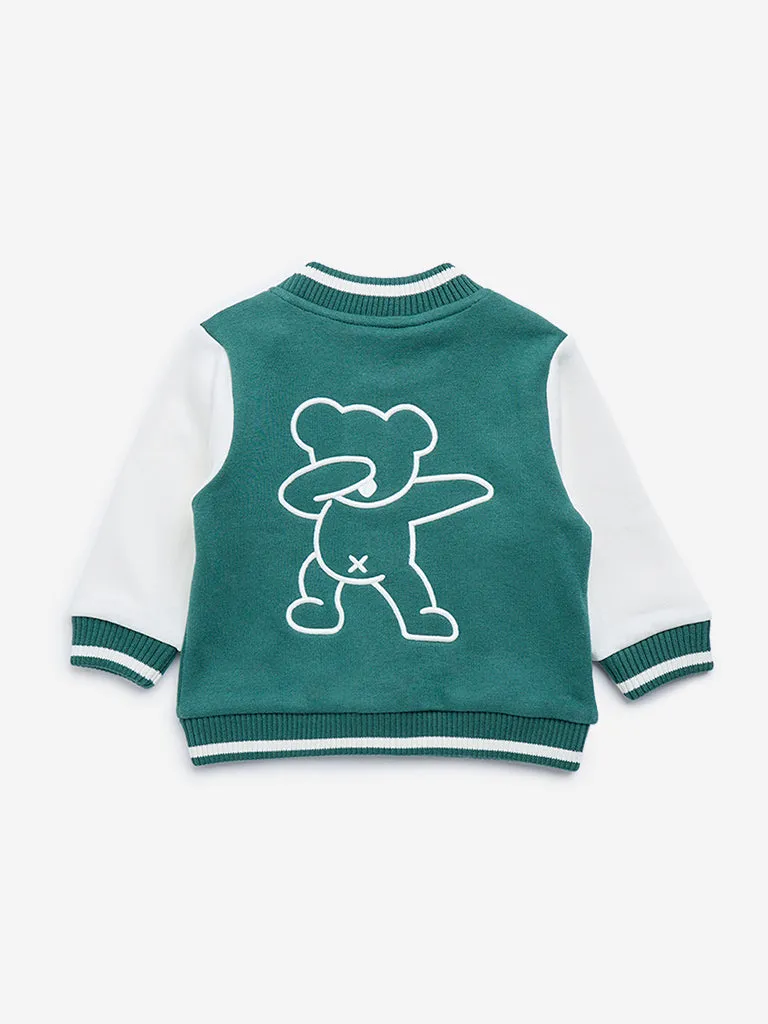 HOP Baby Green Text Embroidered Cotton-Blend Varsity Jacket