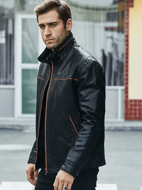 Men's Casual Vintage Style Black Leather Jacket by TJS