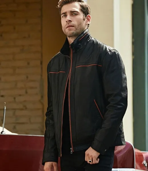 Men's Casual Vintage Style Black Leather Jacket by TJS