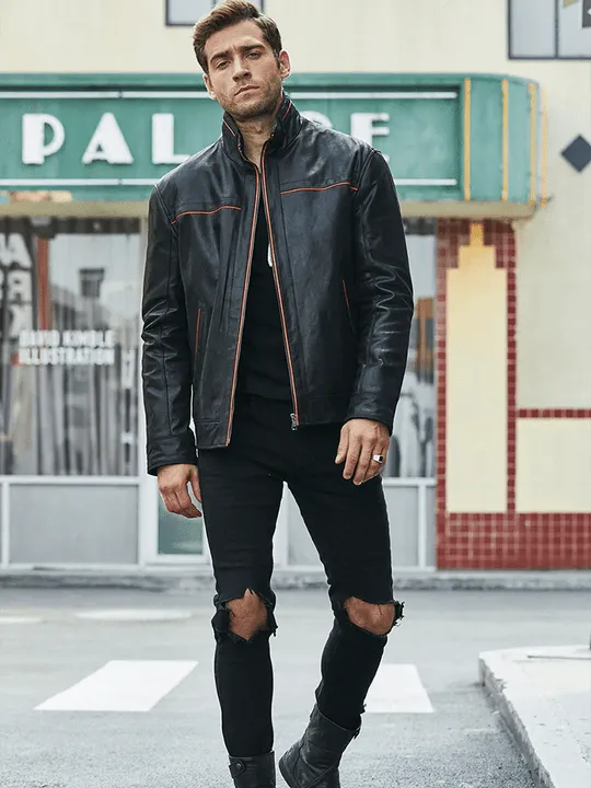 Men's Casual Vintage Style Black Leather Jacket by TJS