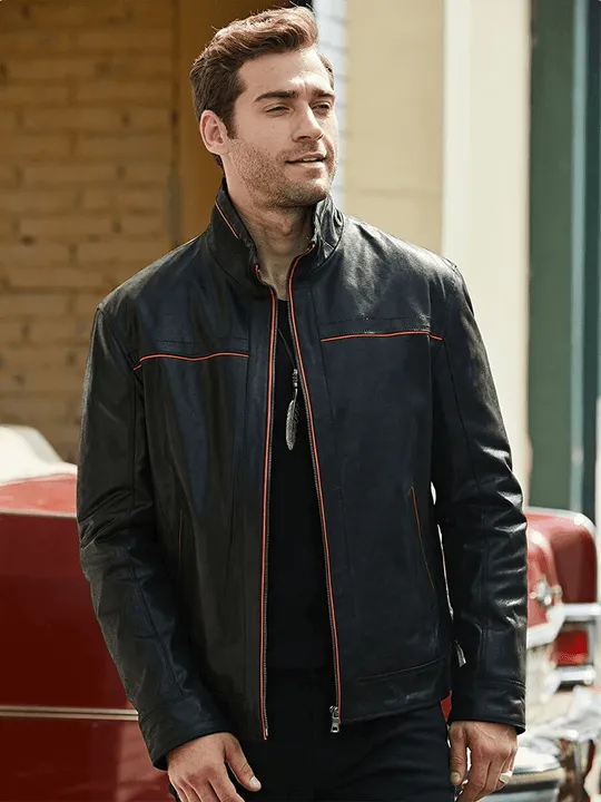 Men's Casual Vintage Style Black Leather Jacket by TJS