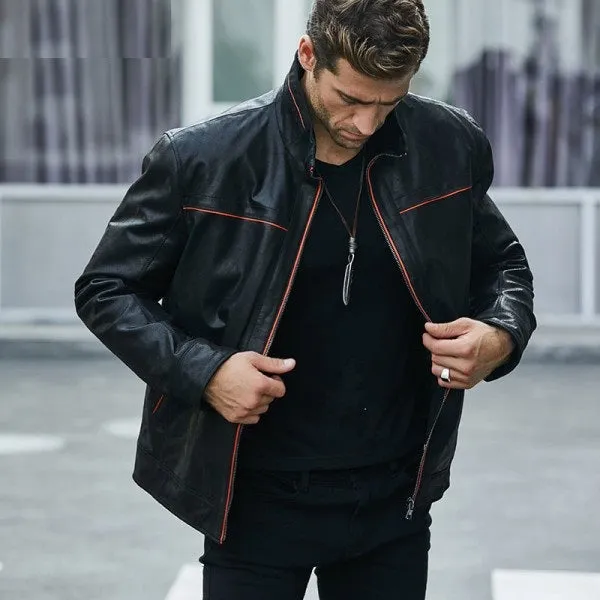 Men's Casual Vintage Style Black Leather Jacket by TJS