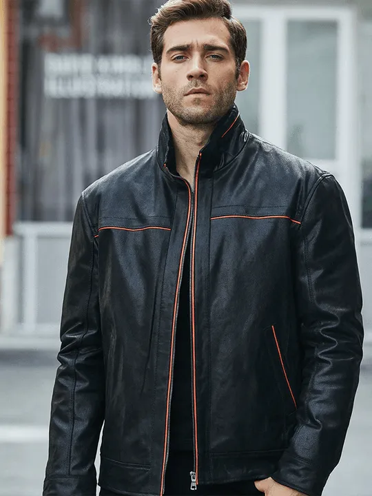 Men's Casual Vintage Style Black Leather Jacket by TJS