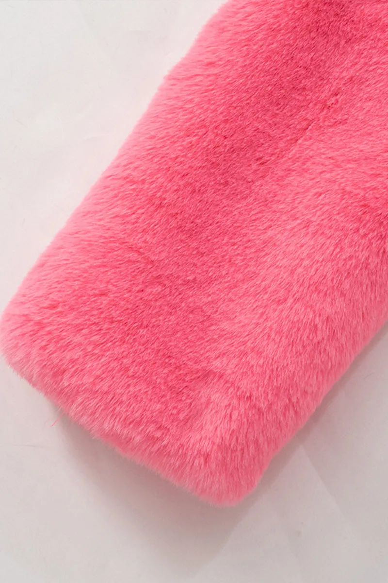 Pink Fuzzy Sleeve Zipper Lapel Leather Crop Jacket