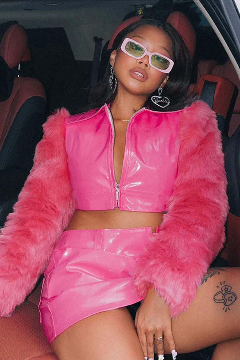 Pink Fuzzy Sleeve Zipper Lapel Leather Crop Jacket