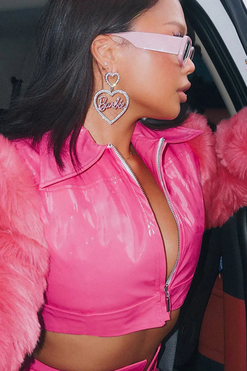 Pink Fuzzy Sleeve Zipper Lapel Leather Crop Jacket