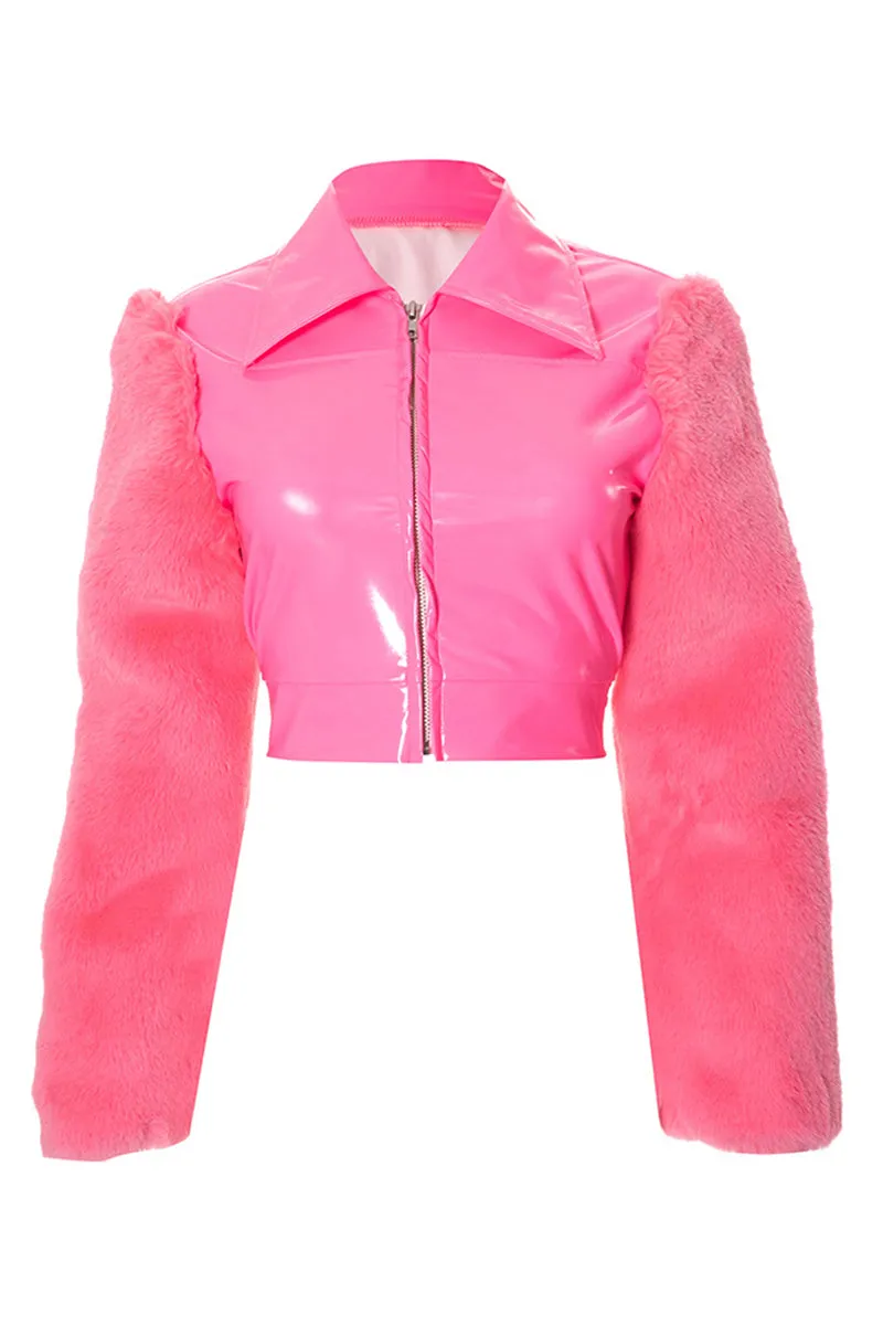 Pink Fuzzy Sleeve Zipper Lapel Leather Crop Jacket