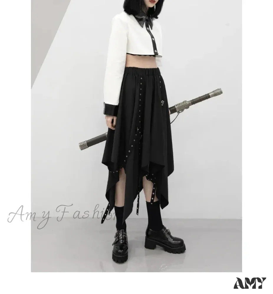 Skirt Long Irregular Y2k Wind Tie Weave Buckle Street Dark