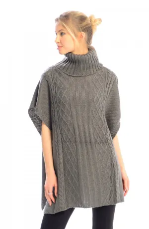 Turtleneck Cable Knit Button Sweater Front Pockets Wrap Poncho