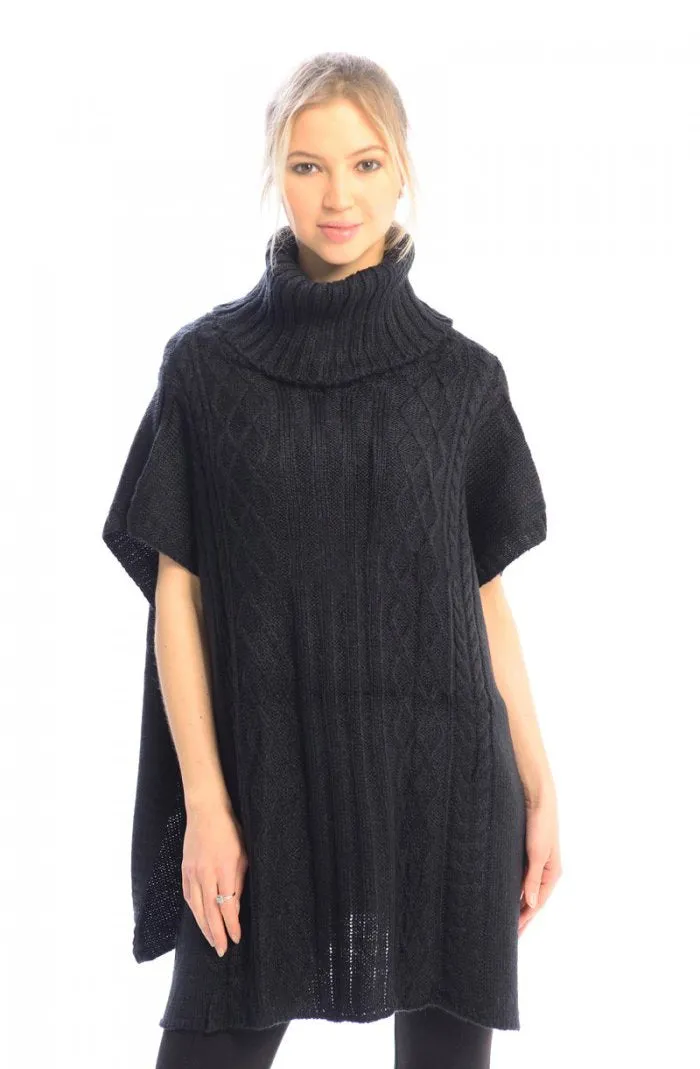 Turtleneck Cable Knit Button Sweater Front Pockets Wrap Poncho