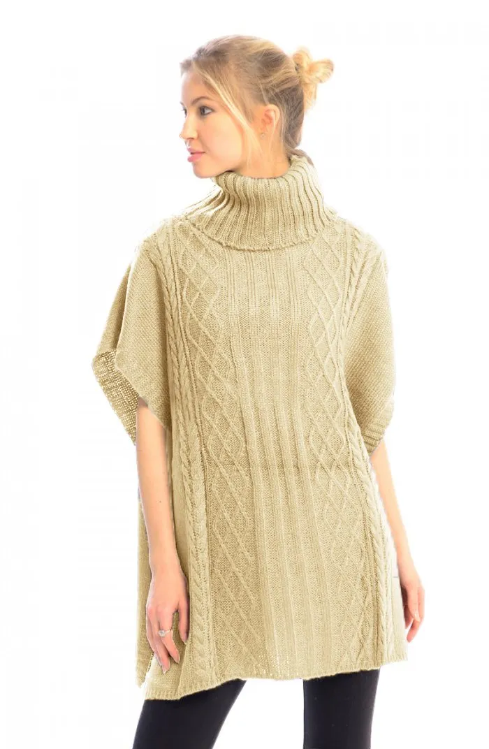 Turtleneck Cable Knit Button Sweater Front Pockets Wrap Poncho