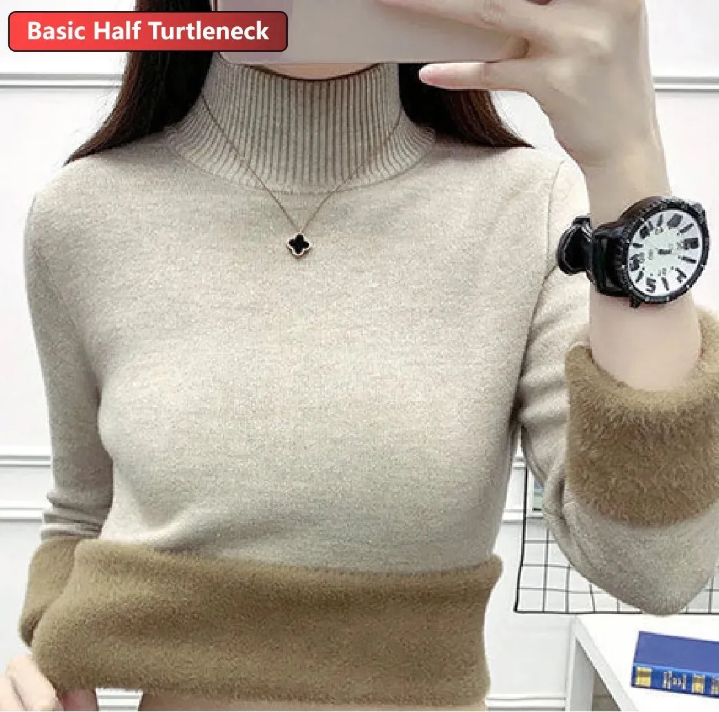 Velvet-Lined Turtleneck Winter Sweater