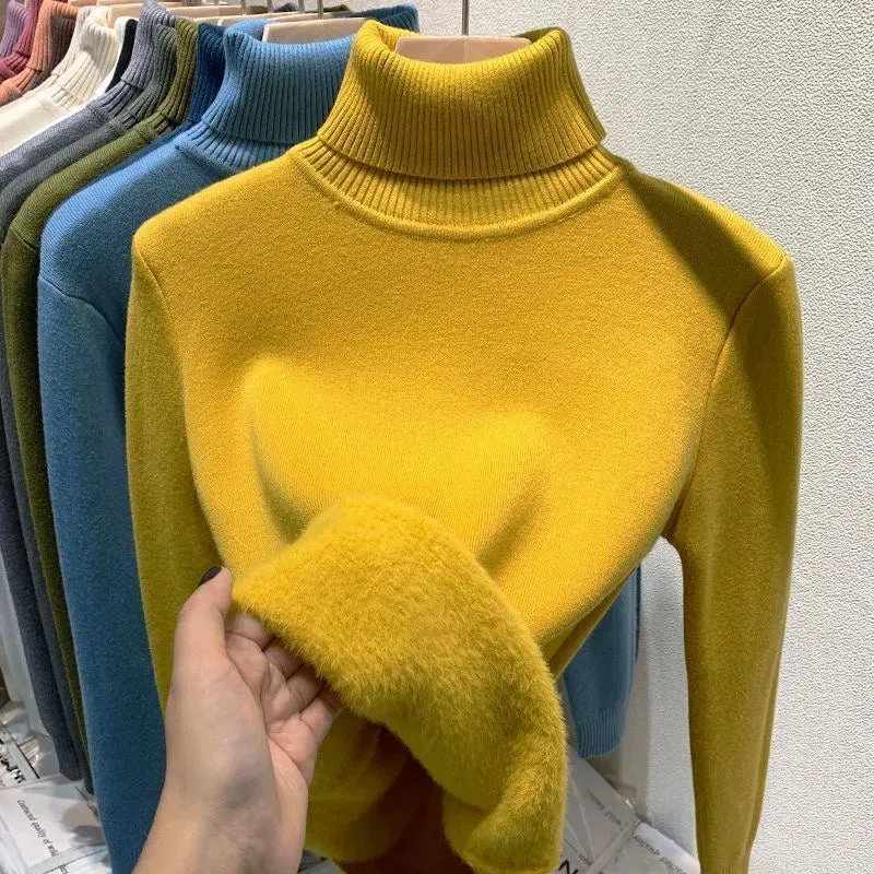 Velvet-Lined Turtleneck Winter Sweater