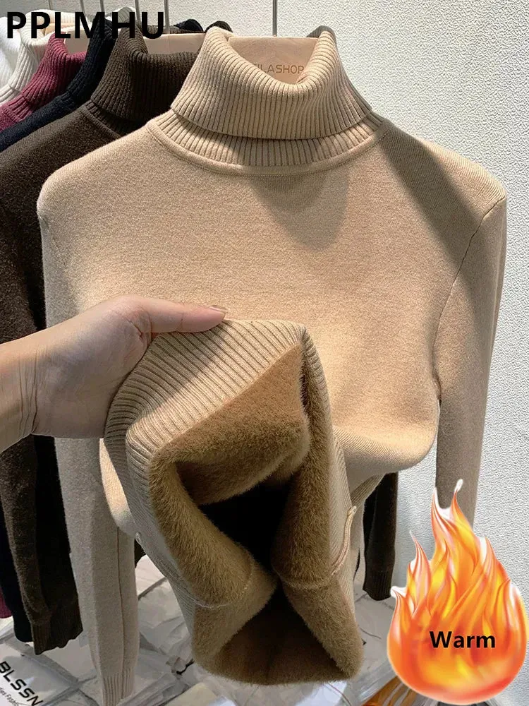 Velvet-Lined Turtleneck Winter Sweater