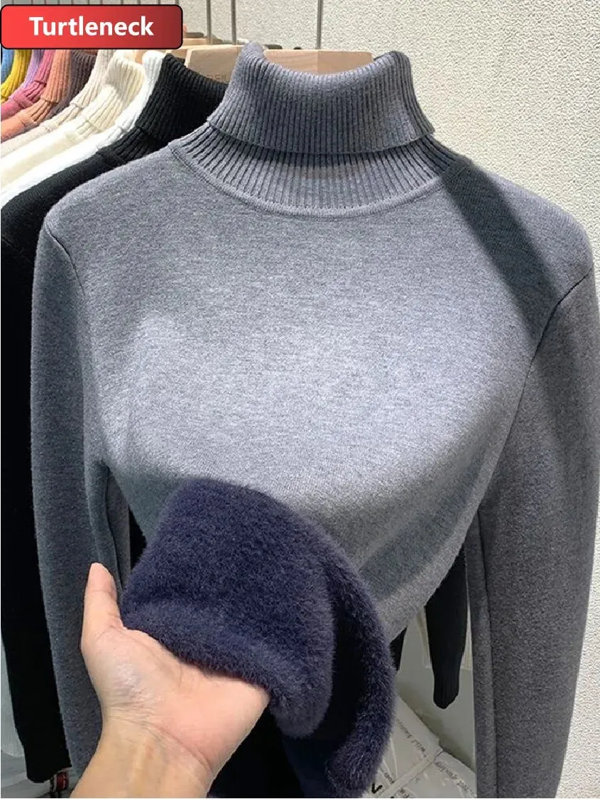 Velvet-Lined Turtleneck Winter Sweater