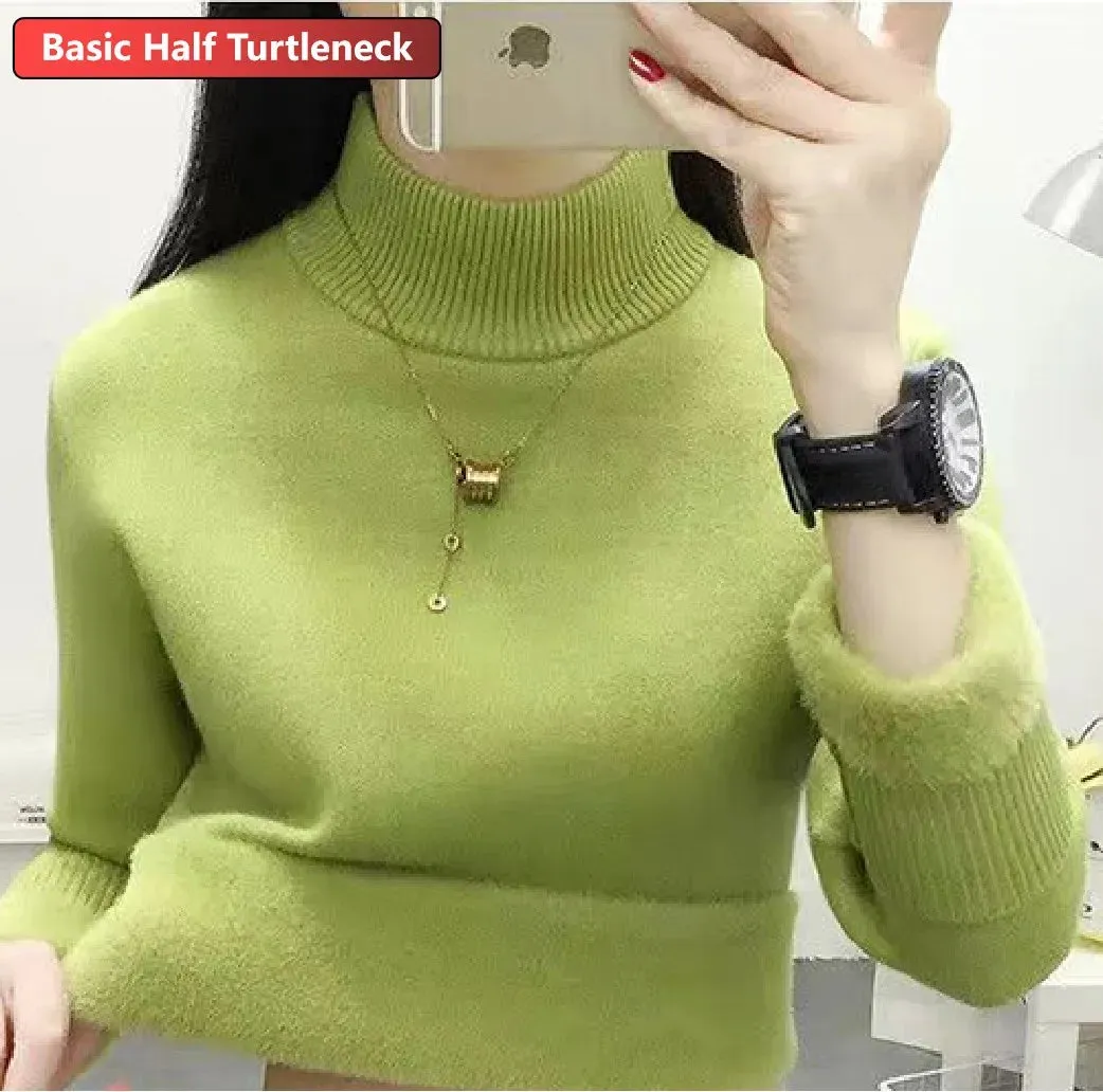 Velvet-Lined Turtleneck Winter Sweater