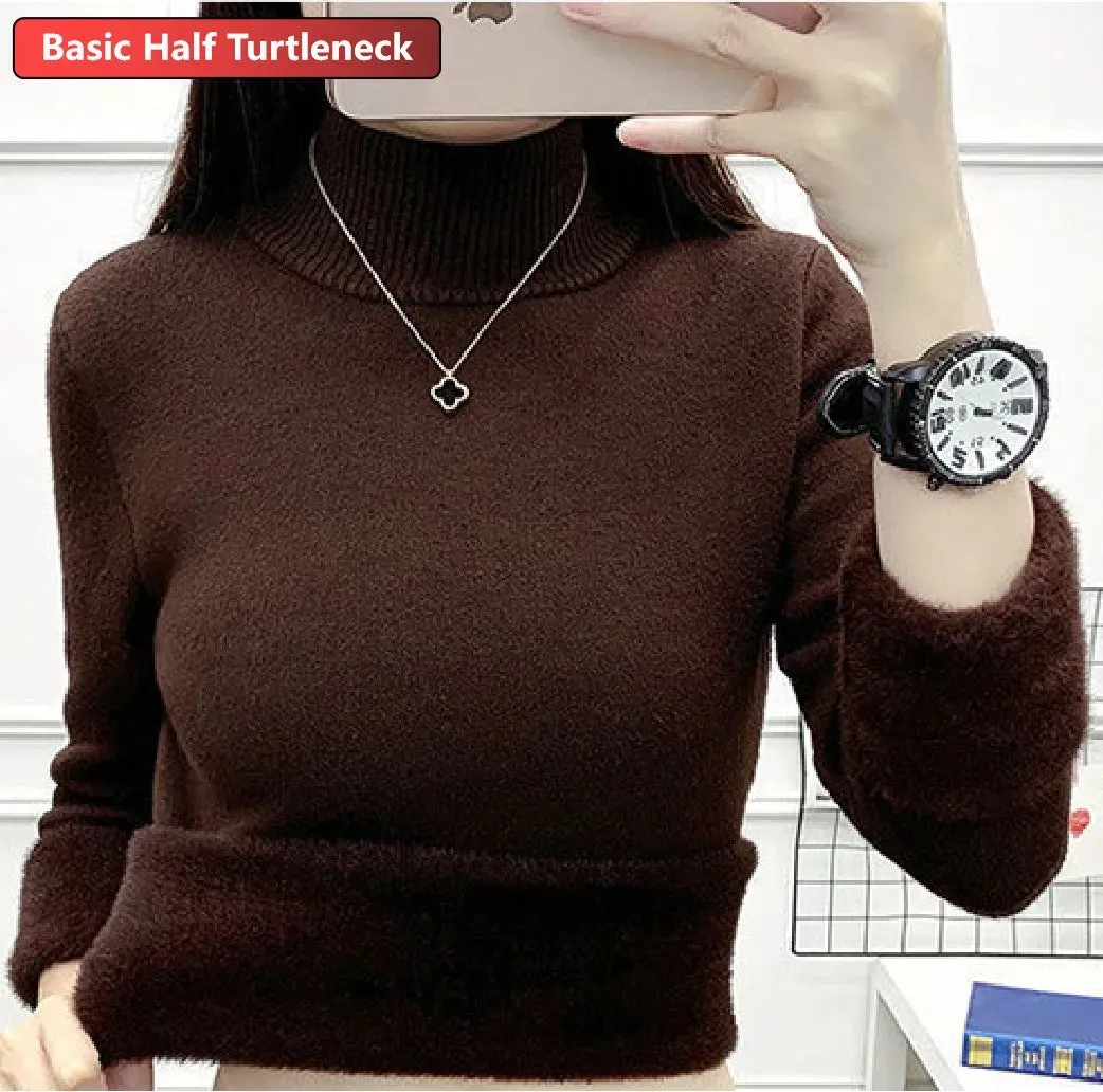 Velvet-Lined Turtleneck Winter Sweater