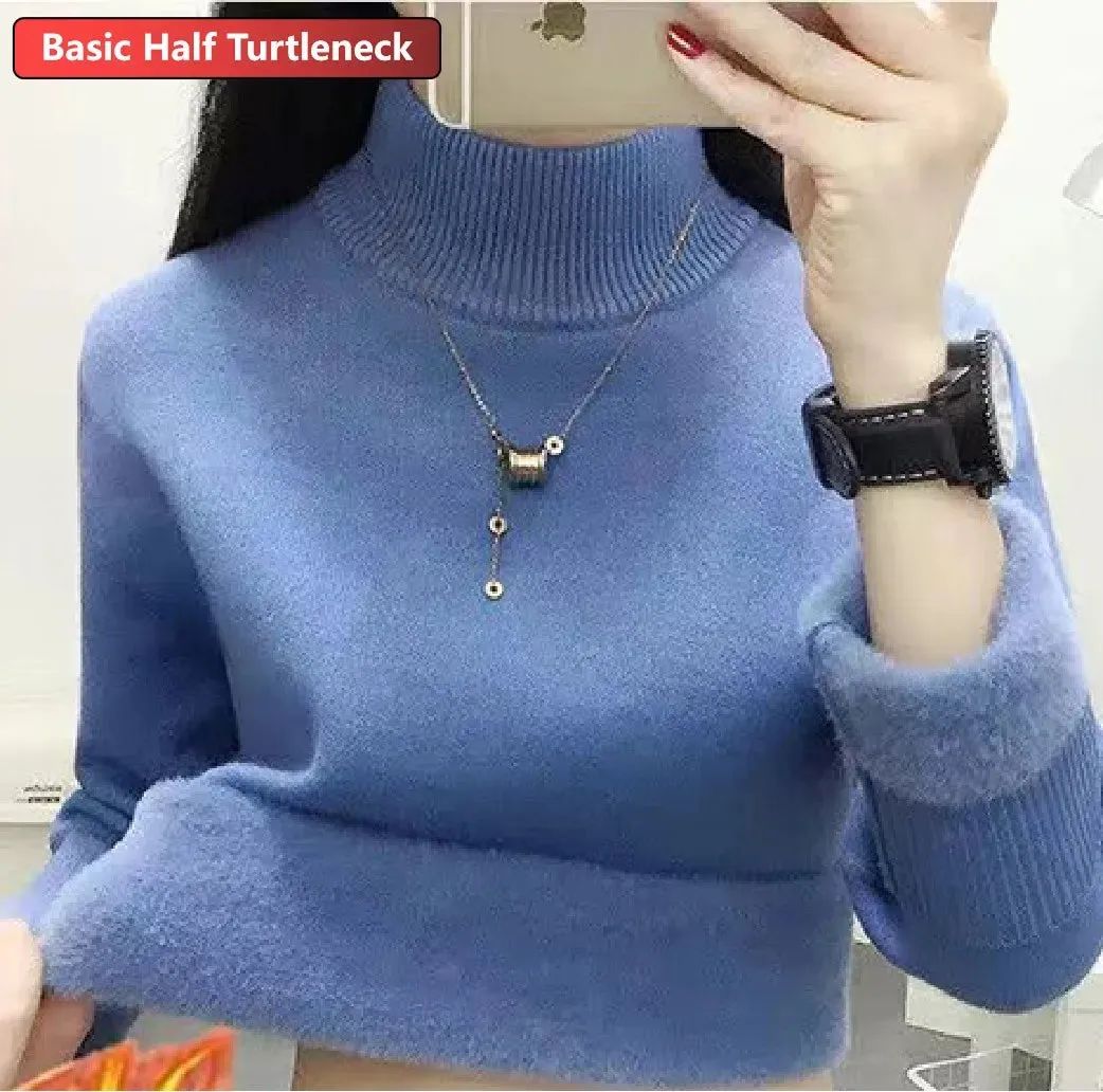 Velvet-Lined Turtleneck Winter Sweater