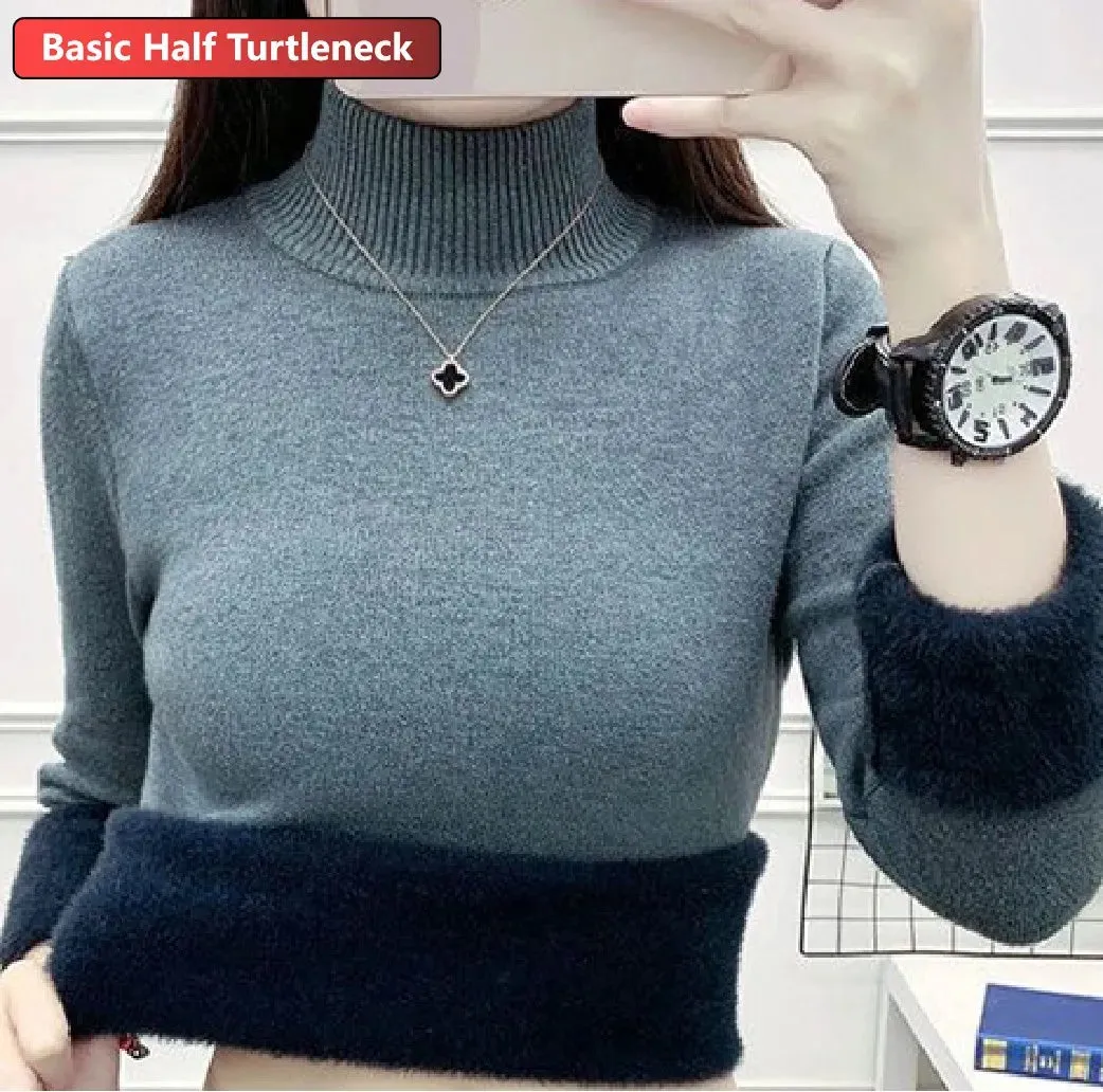 Velvet-Lined Turtleneck Winter Sweater