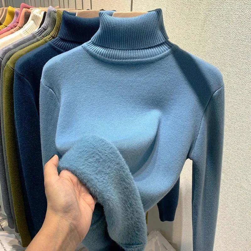 Velvet-Lined Turtleneck Winter Sweater