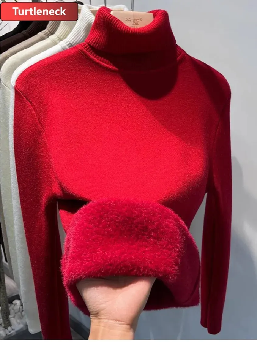 Velvet-Lined Turtleneck Winter Sweater