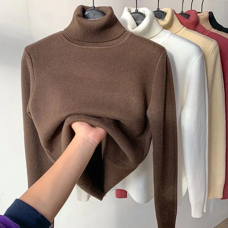 Velvet-Lined Turtleneck Winter Sweater