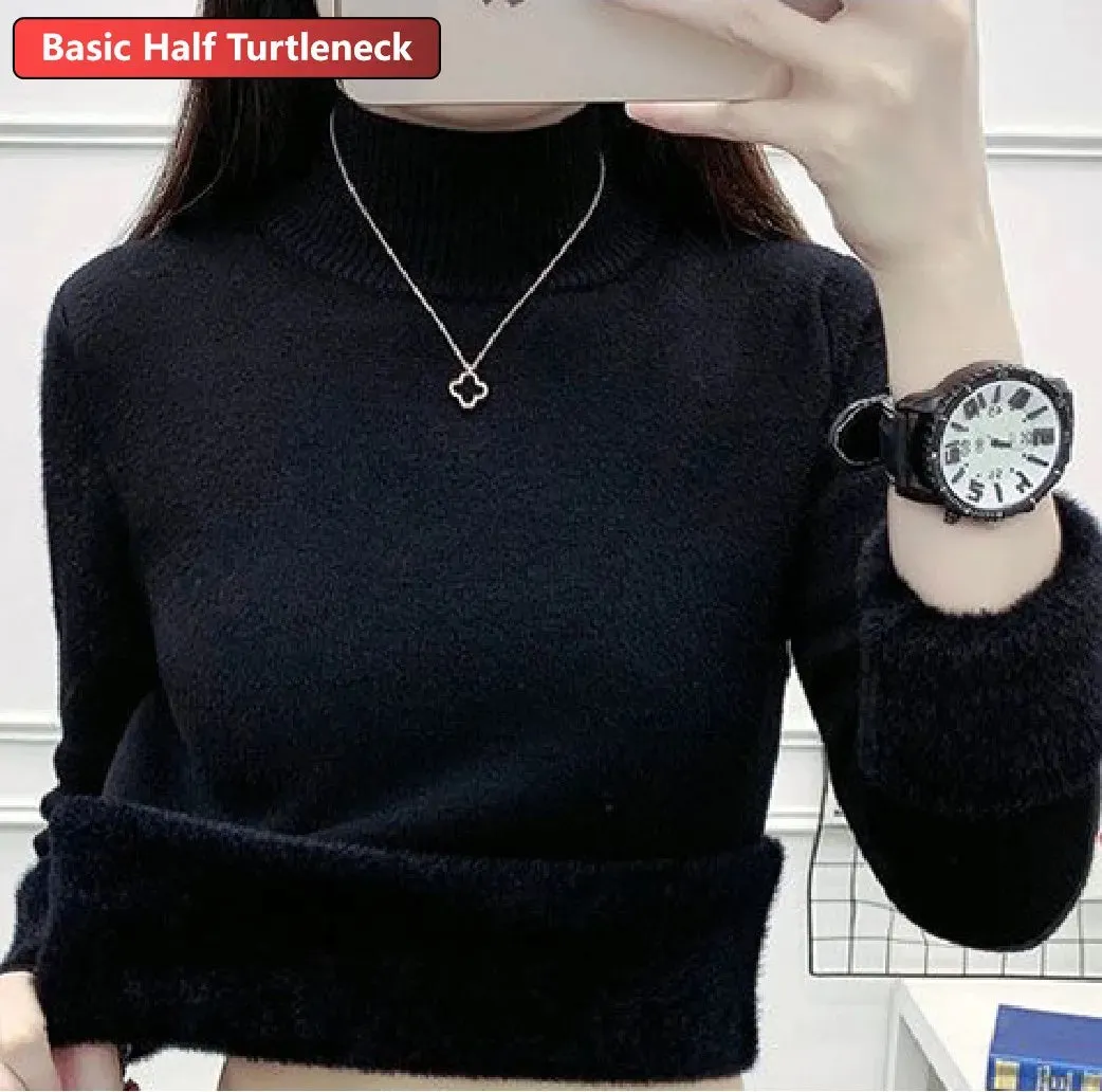 Velvet-Lined Turtleneck Winter Sweater