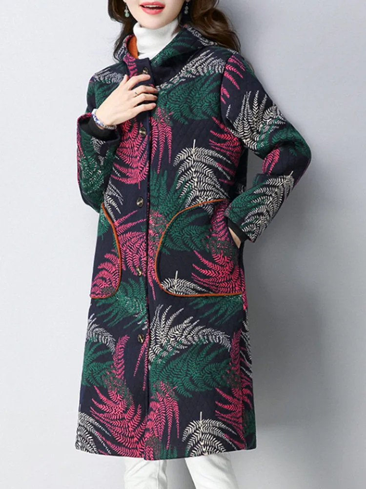 Vintage Leaf Printed Hooded Women Coats