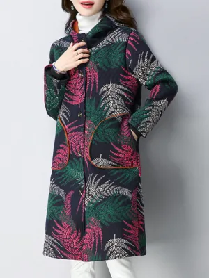 Vintage Leaf Printed Hooded Women Coats