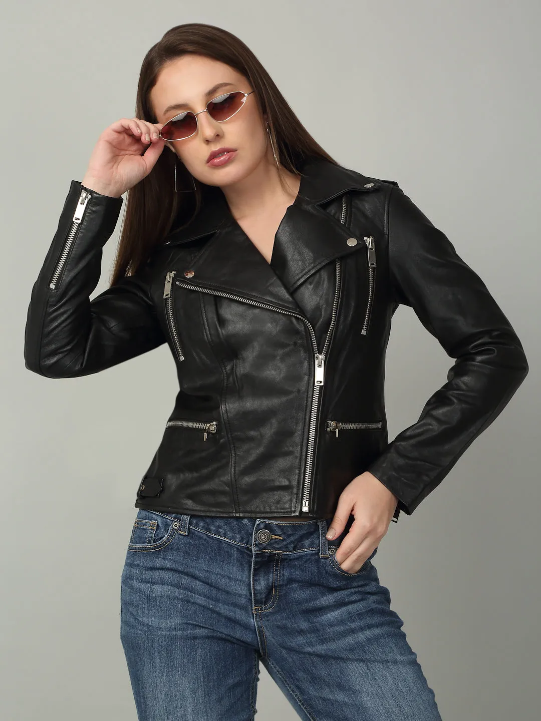 Women Retro Style Black Leather Jacket