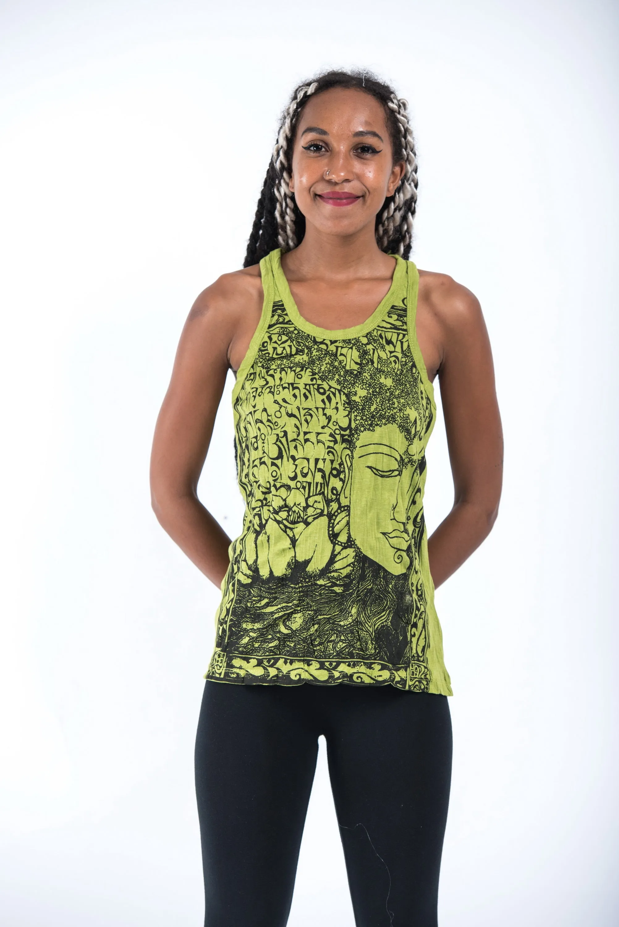 Womens Sanskrit Buddha Tank Top in Lime